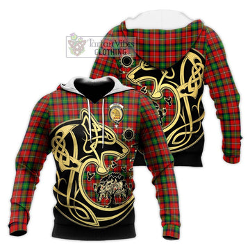 Fairlie Tartan Knitted Hoodie with Family Crest Celtic Wolf Style