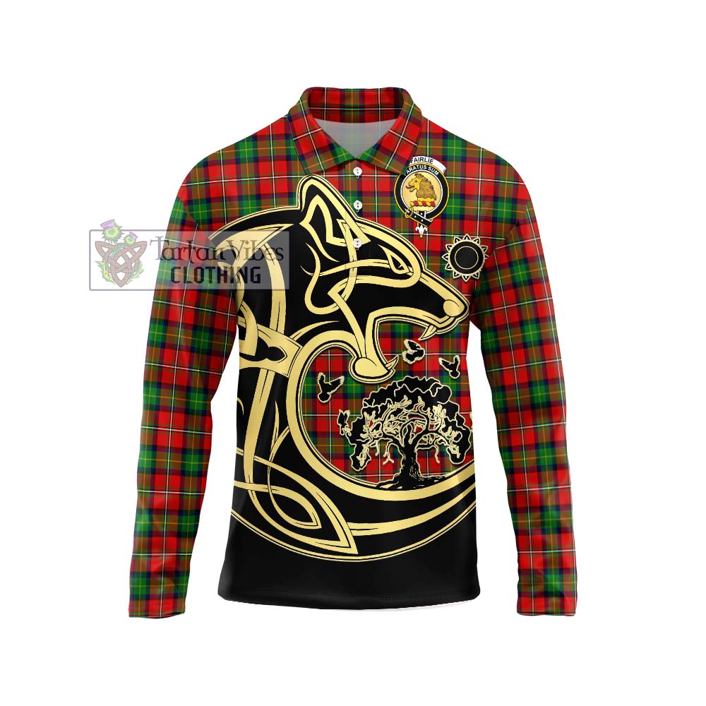 Fairlie Tartan Long Sleeve Polo Shirt with Family Crest Celtic Wolf Style Unisex - Tartanvibesclothing Shop