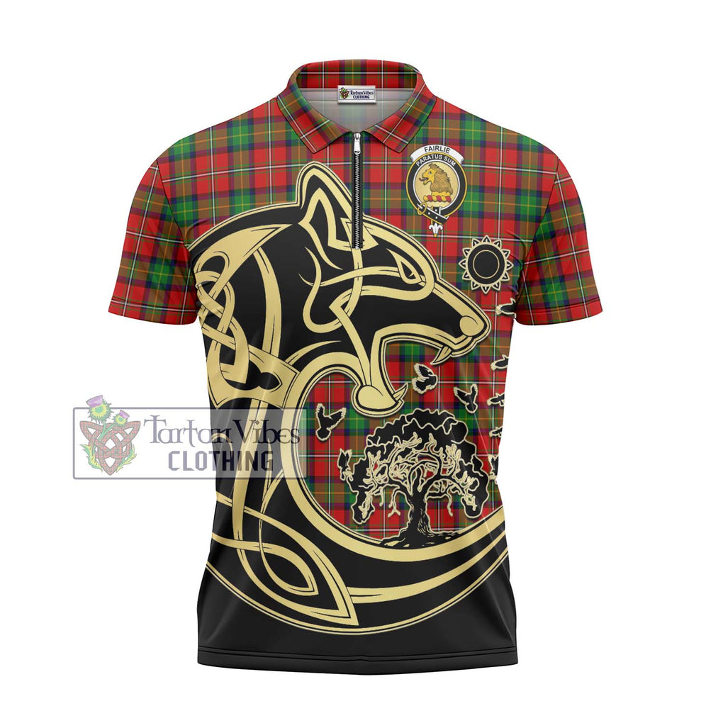 Fairlie Tartan Zipper Polo Shirt with Family Crest Celtic Wolf Style - Tartanvibesclothing Shop