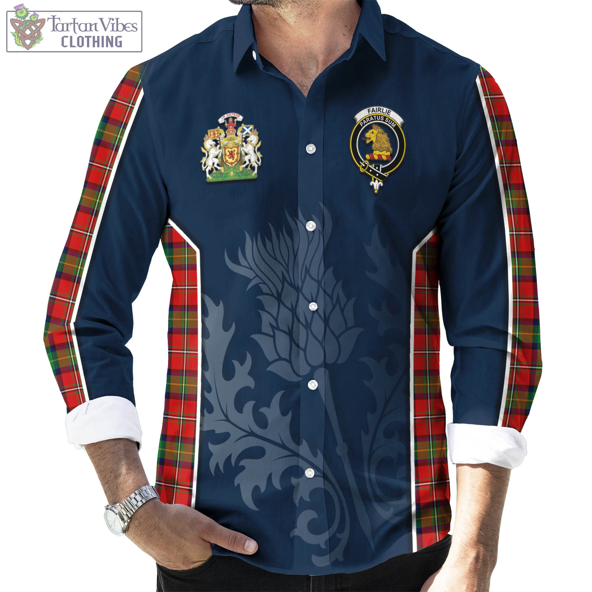 Tartan Vibes Clothing Fairlie Modern Tartan Long Sleeve Button Up Shirt with Family Crest and Scottish Thistle Vibes Sport Style