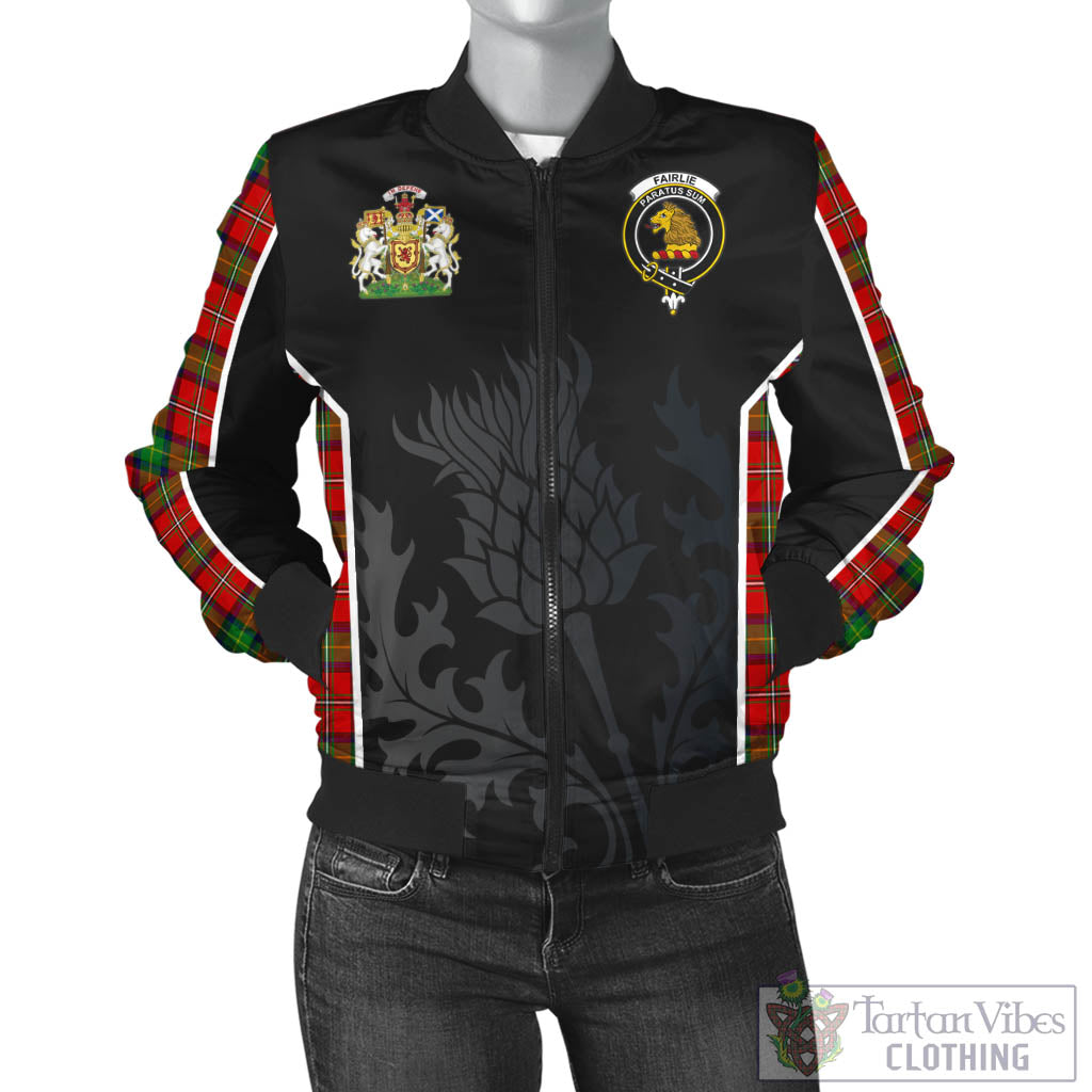 Tartan Vibes Clothing Fairlie Modern Tartan Bomber Jacket with Family Crest and Scottish Thistle Vibes Sport Style