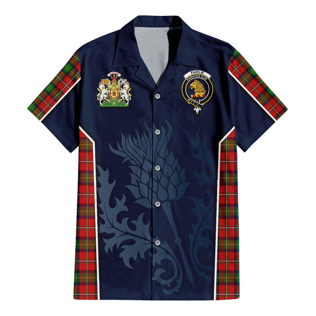 Tartan Vibes Clothing Fairlie Modern Tartan Short Sleeve Button Up Shirt with Family Crest and Scottish Thistle Vibes Sport Style