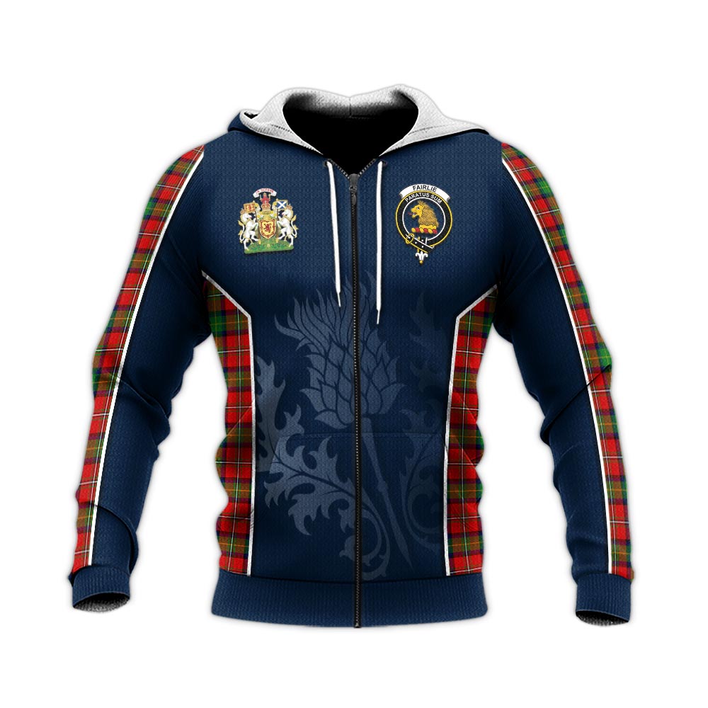 Tartan Vibes Clothing Fairlie Modern Tartan Knitted Hoodie with Family Crest and Scottish Thistle Vibes Sport Style