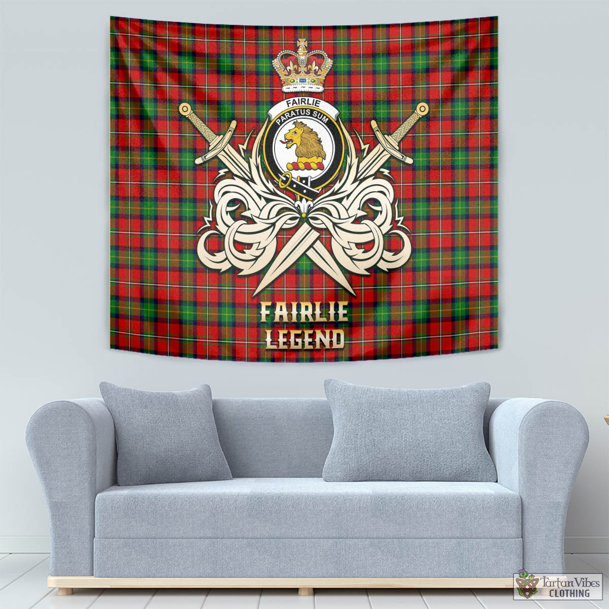 Tartan Vibes Clothing Fairlie Modern Tartan Tapestry with Clan Crest and the Golden Sword of Courageous Legacy