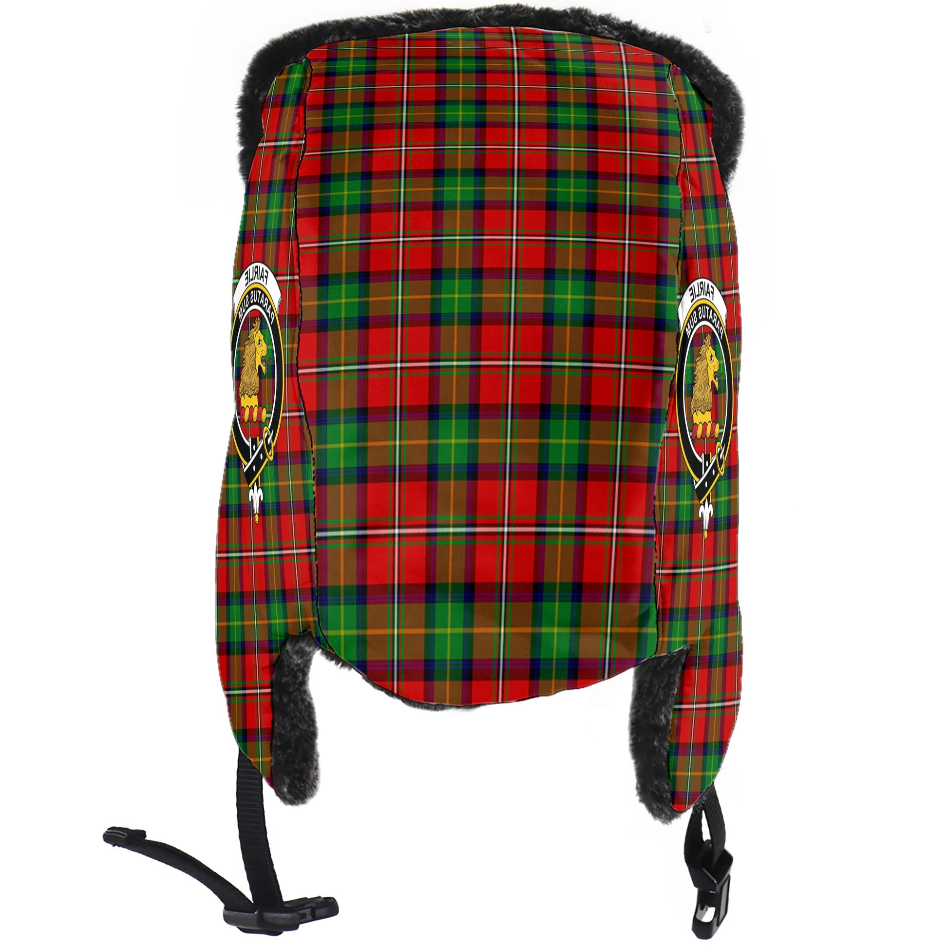 Fairlie Modern Tartan Winter Trapper Hat with Family Crest - Tartanvibesclothing