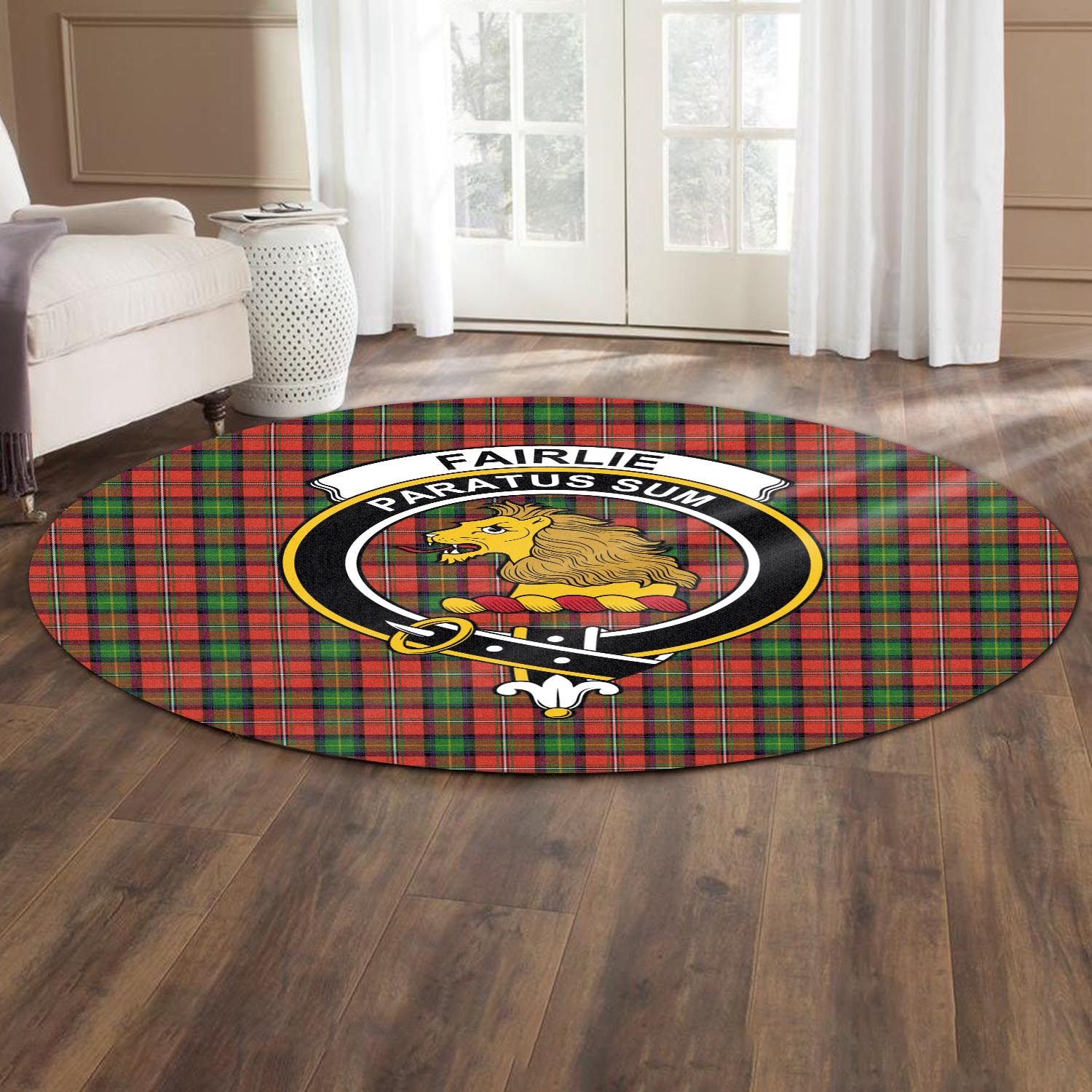 Fairlie Modern Tartan Round Rug with Family Crest - Tartanvibesclothing