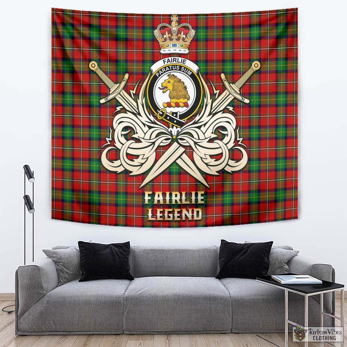 Tartan Vibes Clothing Fairlie Modern Tartan Tapestry with Clan Crest and the Golden Sword of Courageous Legacy