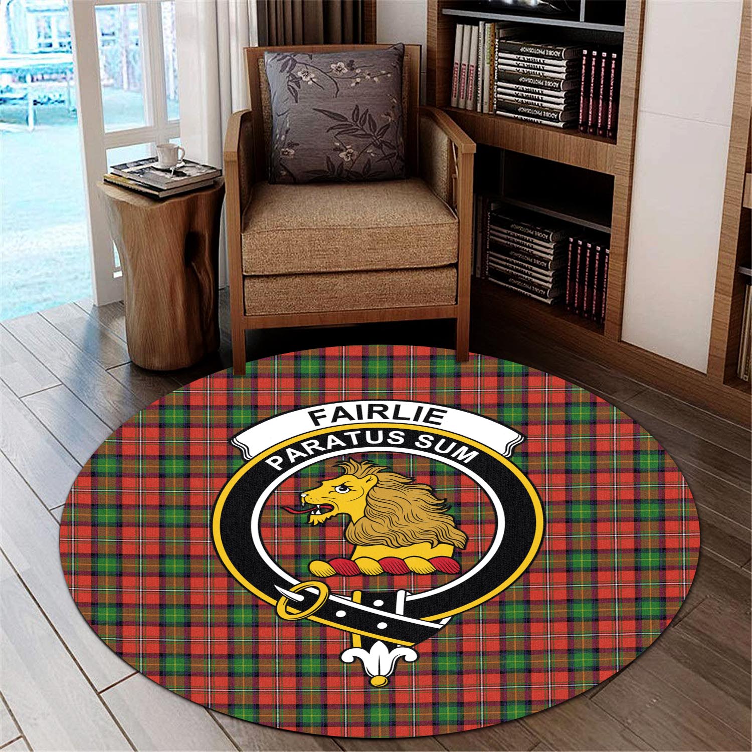 Fairlie Modern Tartan Round Rug with Family Crest - Tartanvibesclothing