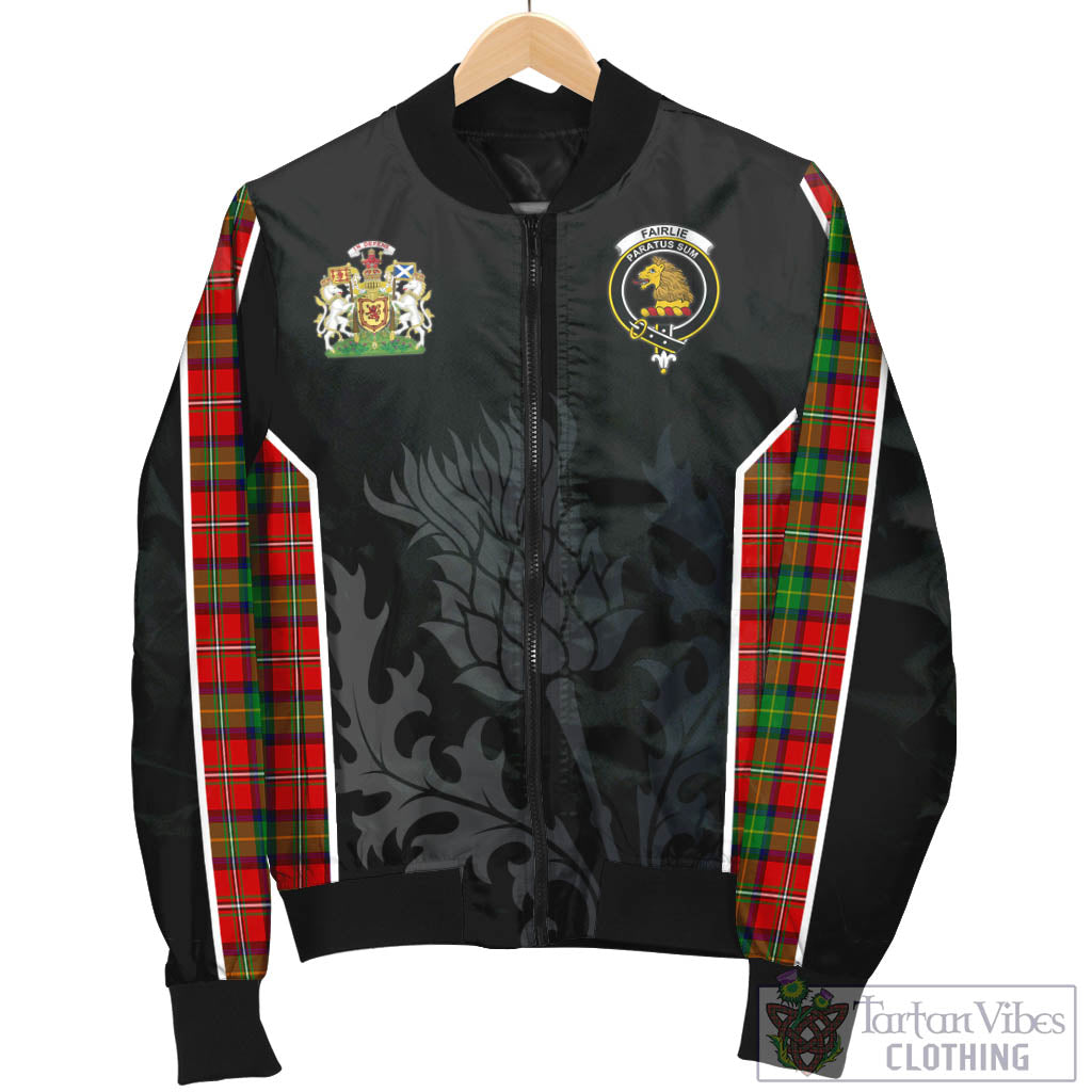 Tartan Vibes Clothing Fairlie Modern Tartan Bomber Jacket with Family Crest and Scottish Thistle Vibes Sport Style