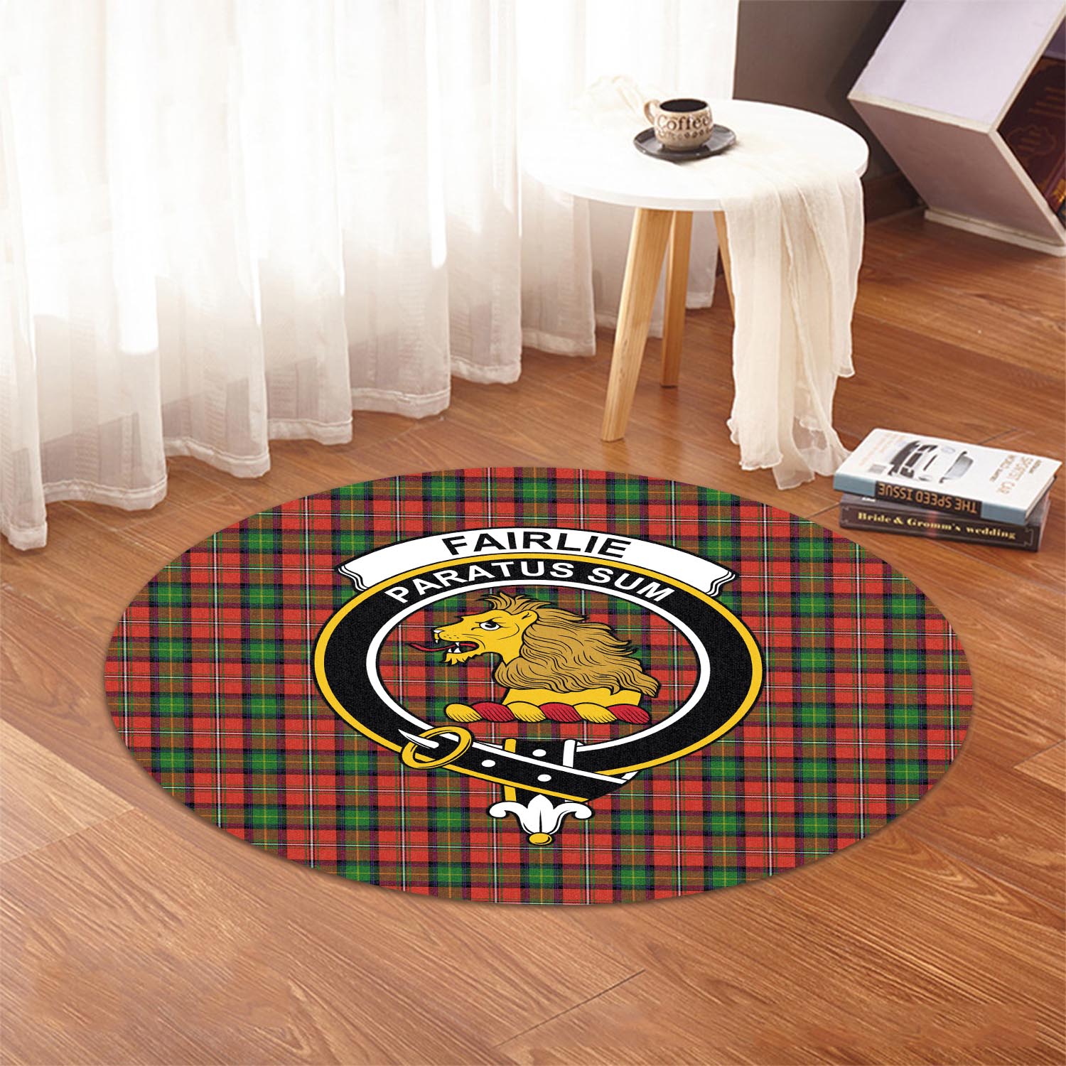 Fairlie Modern Tartan Round Rug with Family Crest - Tartanvibesclothing