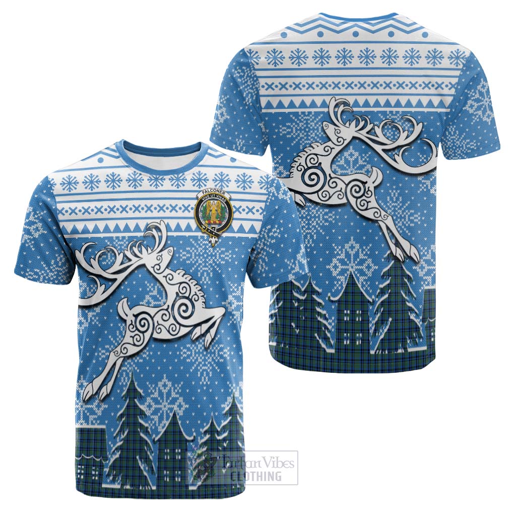 Tartan Vibes Clothing Falconer Clan Christmas Cotton T-shirt Celtic Reindeer Style