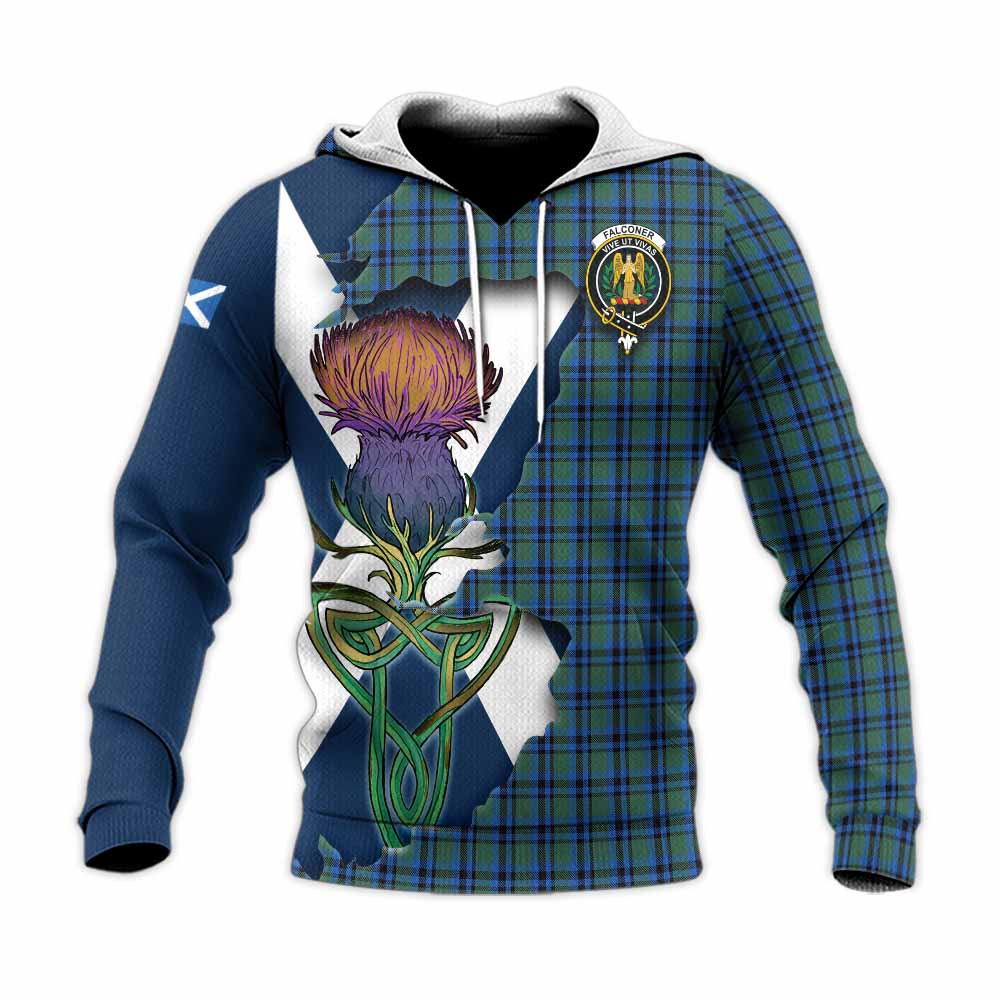 Falconer Tartan Family Crest Knitted Hoodie Scottish Thistle Celtic Inspired Unisex Knitted Pullover Hoodie - Tartan Vibes Clothing