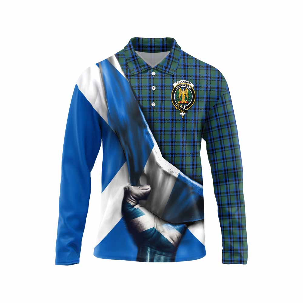 Tartan Vibes Clothing Falconer Tartan Long Sleeve Polo Shirt with Family Crest Scotland Patriotic Style