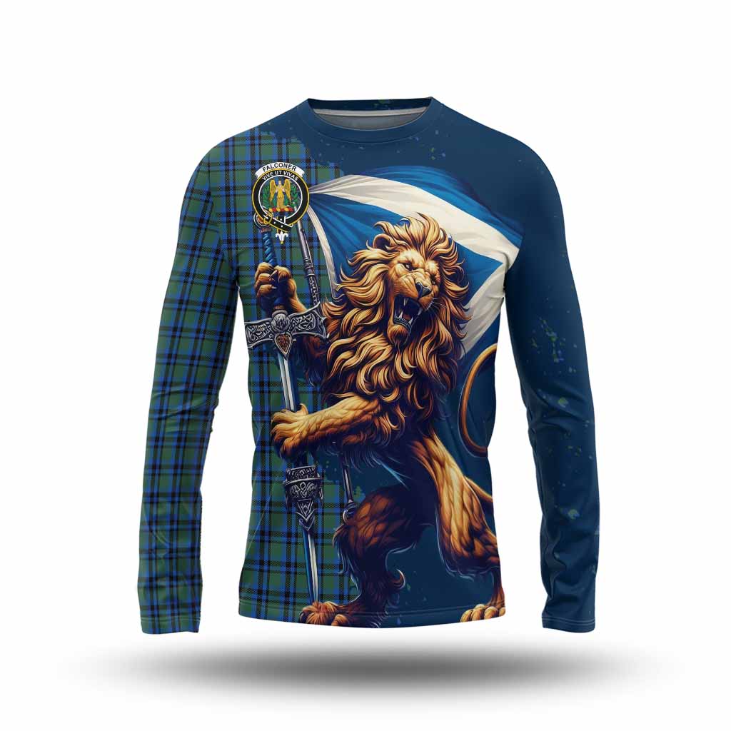 Tartan Vibes Clothing Falconer Tartan Family Crest Long Sleeve T-Shirt with Scottish Majestic Lion