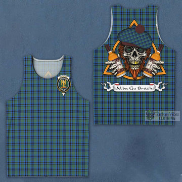 Falconer Tartan Men's Tank Top with Family Crest and Bearded Skull Holding Bottles of Whiskey