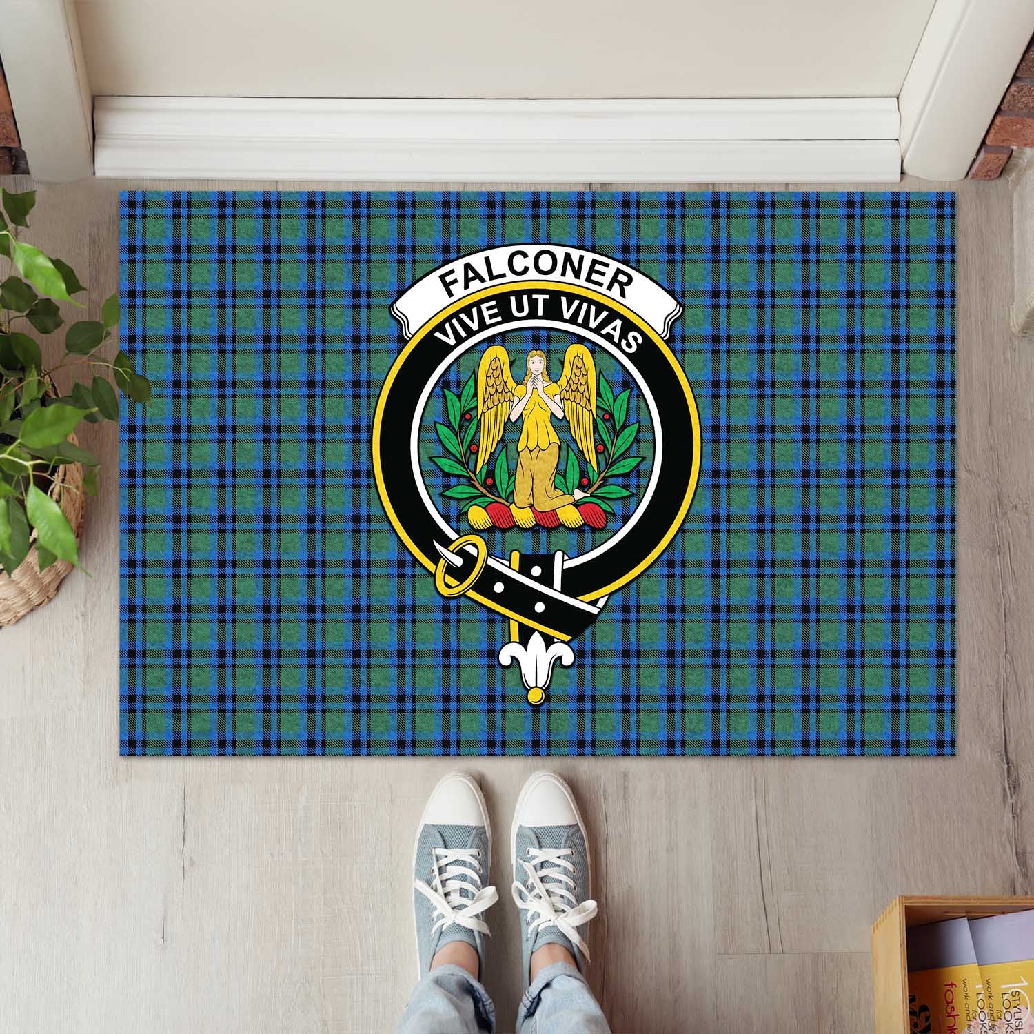 Falconer Tartan Door Mat with Family Crest - Tartanvibesclothing