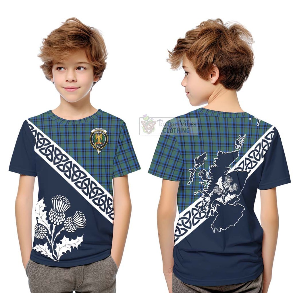 Tartan Vibes Clothing Falconer Tartan Kid T-Shirt Featuring Thistle and Scotland Map