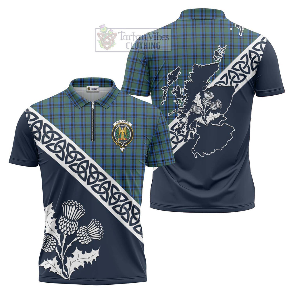 Tartan Vibes Clothing Falconer Tartan Zipper Polo Shirt Featuring Thistle and Scotland Map