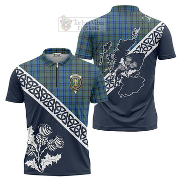 Falconer Tartan Zipper Polo Shirt Featuring Thistle and Scotland Map