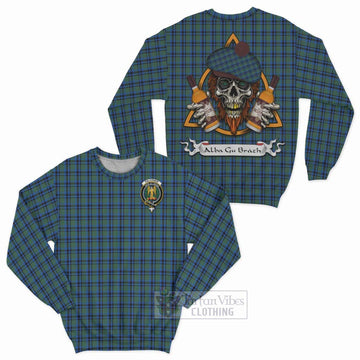 Falconer Tartan Sweatshirt with Family Crest and Bearded Skull Holding Bottles of Whiskey