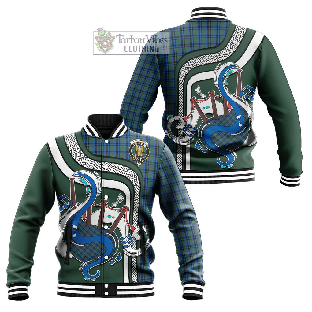 Tartan Vibes Clothing Falconer Tartan Baseball Jacket with Epic Bagpipe Style