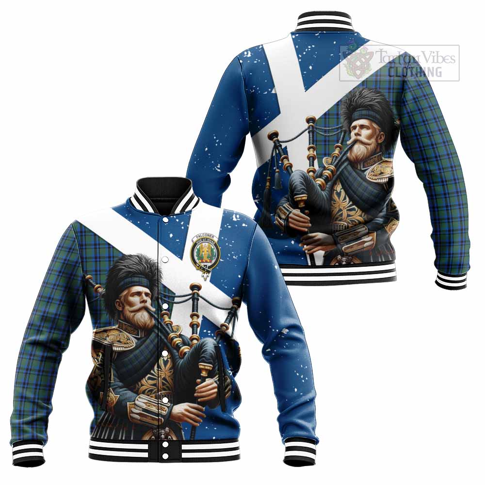 Tartan Vibes Clothing Falconer Tartan Baseball Jacket with Family Crest Scottish Bagpiper Vibes