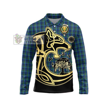 Falconer Tartan Long Sleeve Polo Shirt with Family Crest Celtic Wolf Style