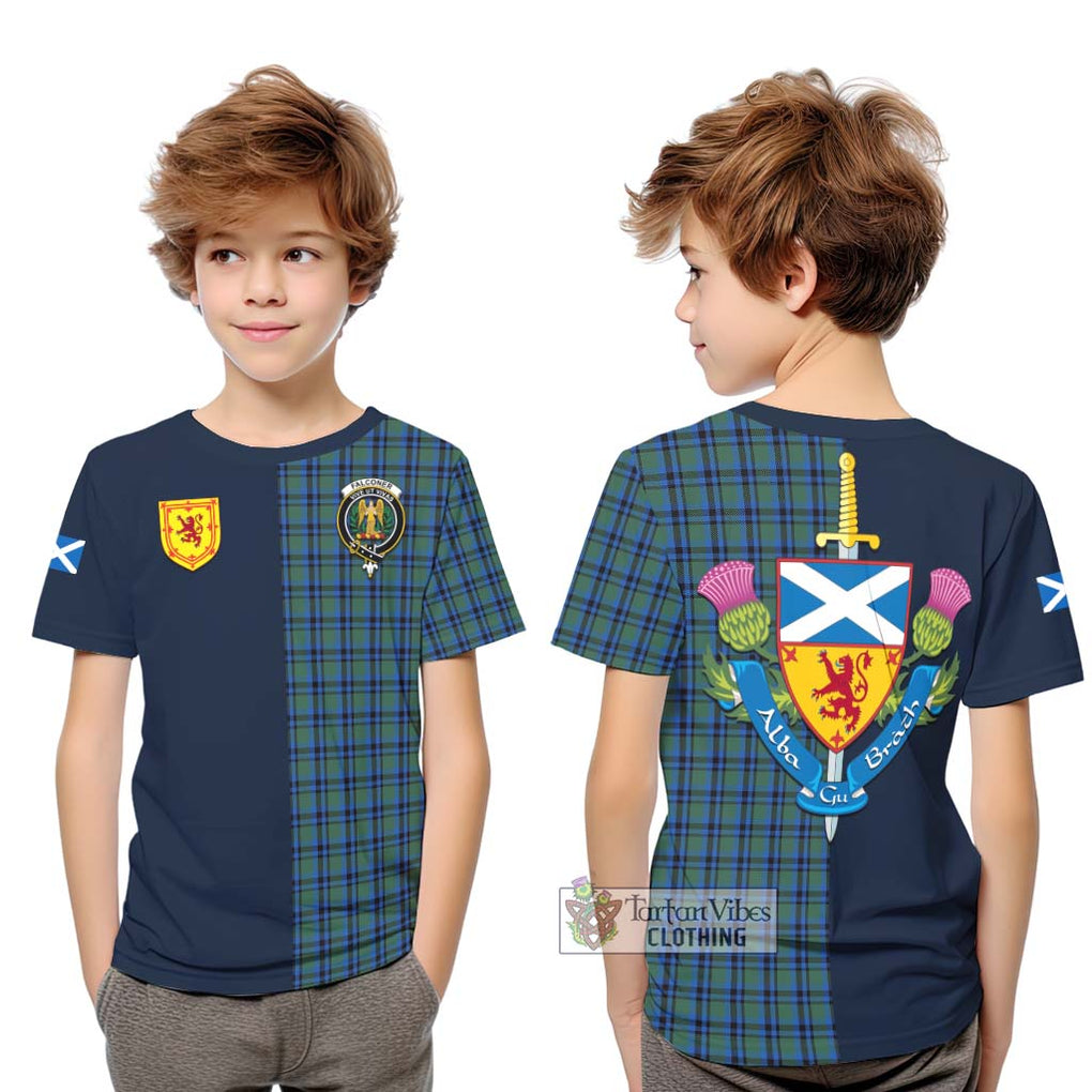 Tartan Vibes Clothing Falconer Tartan Kid T-Shirt with Scottish Lion Royal Arm Half Style