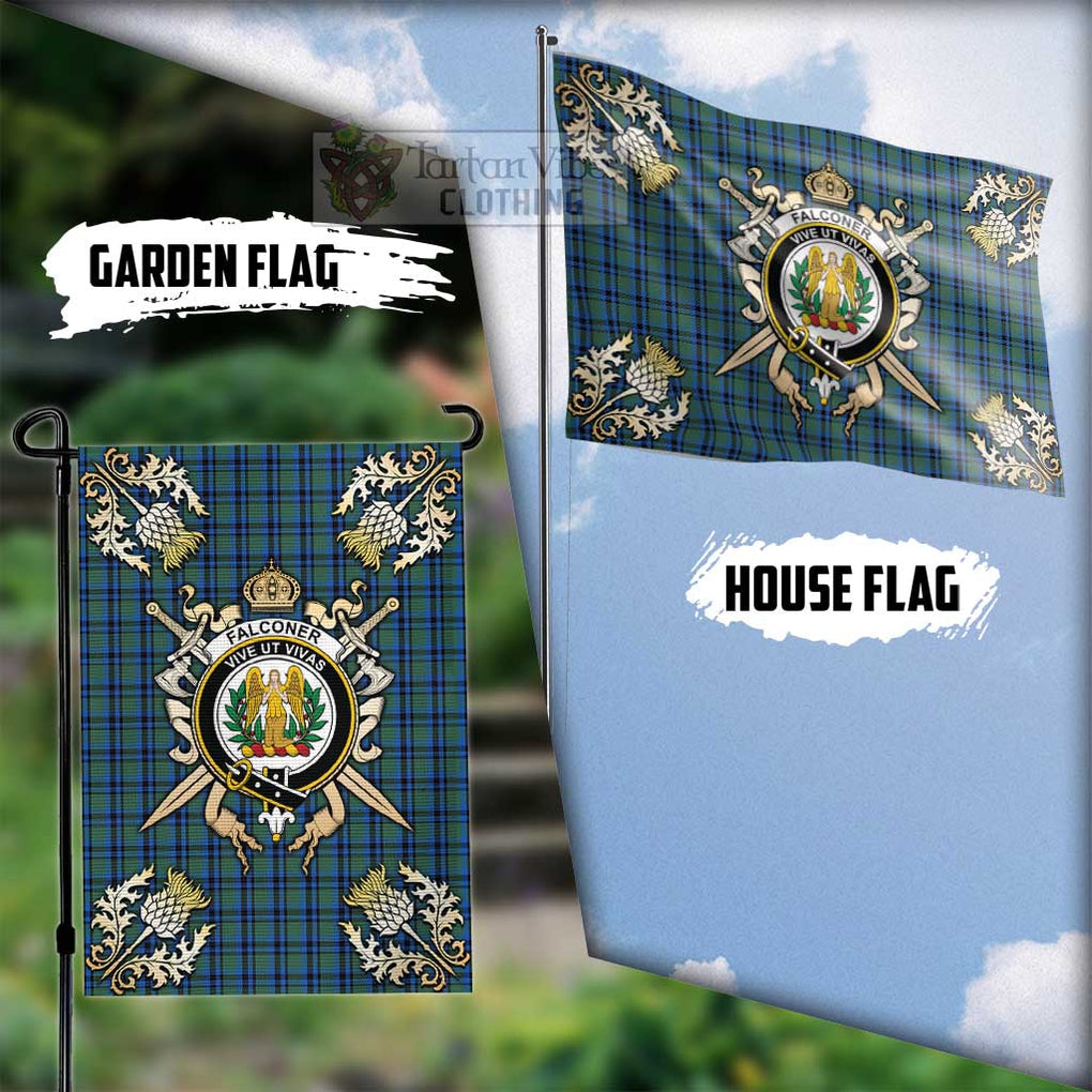 Tartan Vibes Clothing Falconer Tartan Flag with Family Crest and Golden Thistle Crossed Sword Design