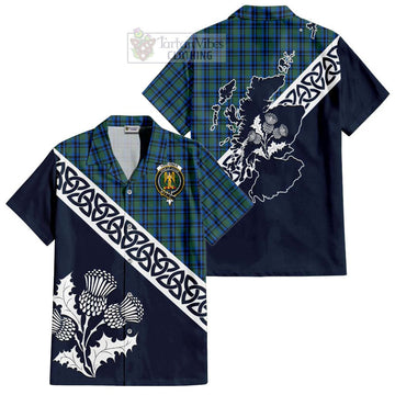 Falconer Tartan Short Sleeve Button Shirt Featuring Thistle and Scotland Map