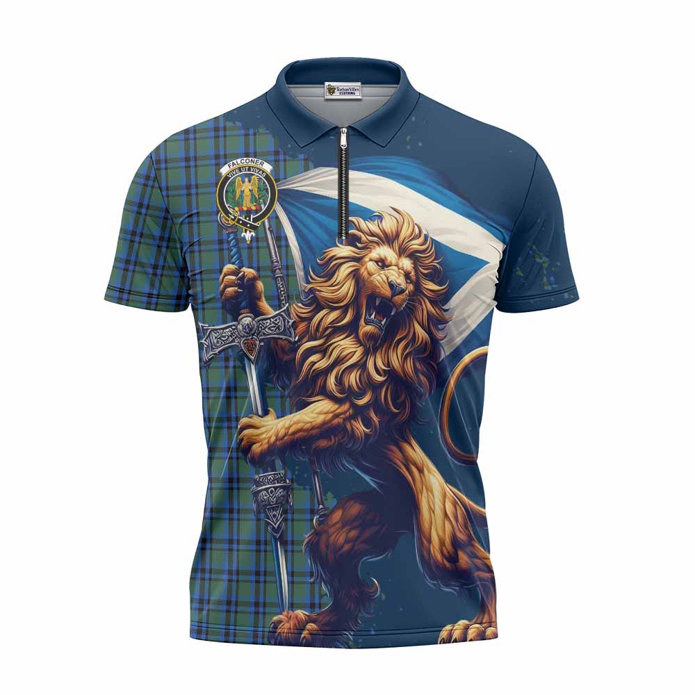 Tartan Vibes Clothing Falconer Tartan Family Crest Zipper Polo Shirt with Scottish Majestic Lion