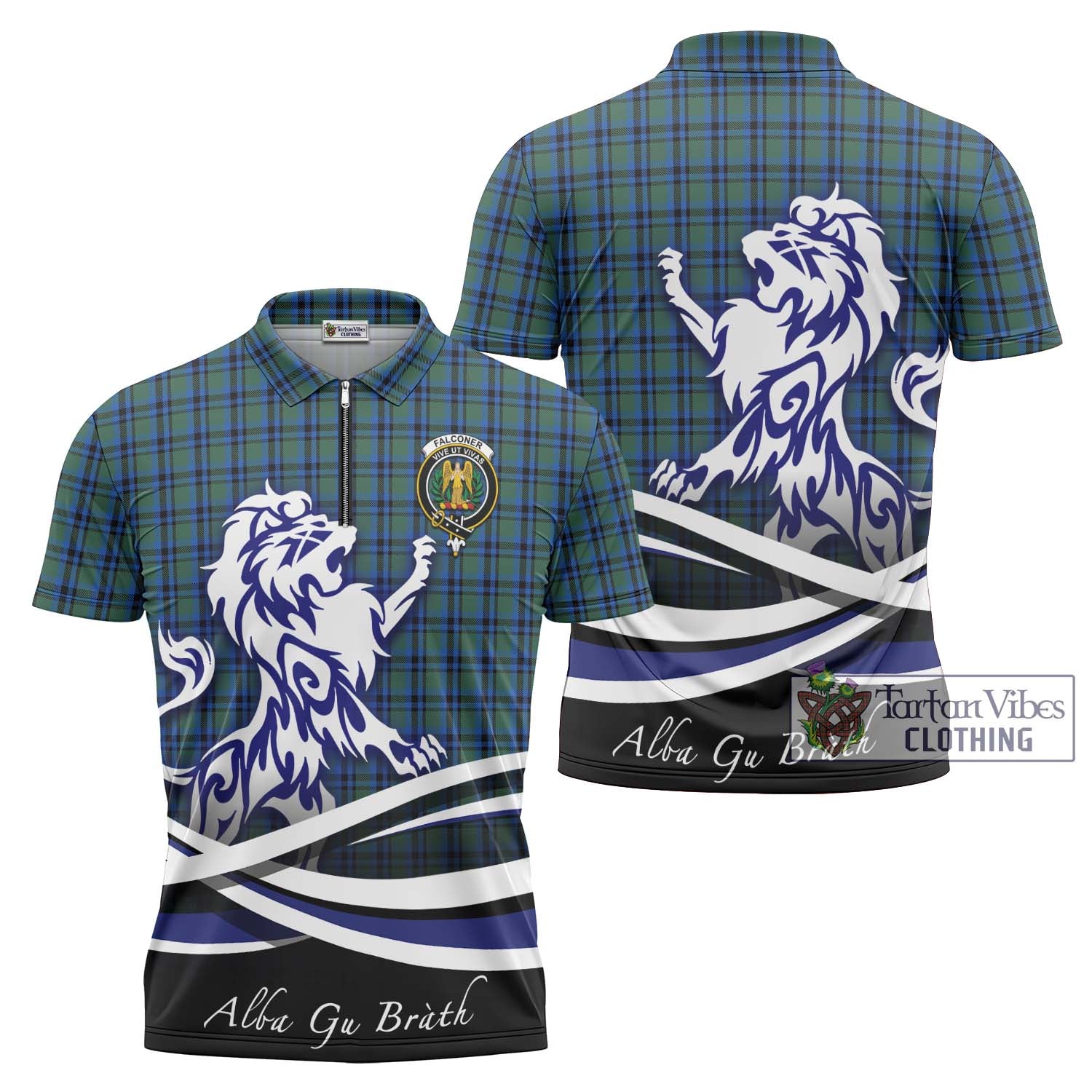 Tartan Vibes Clothing Falconer Tartan Zipper Polo Shirt with Alba Gu Brath Regal Lion Emblem