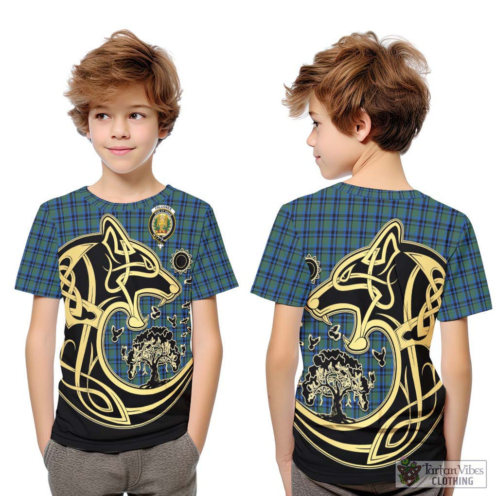 Falconer Tartan Kid T-Shirt with Family Crest Celtic Wolf Style Youth XL Size14 - Tartan Vibes Clothing