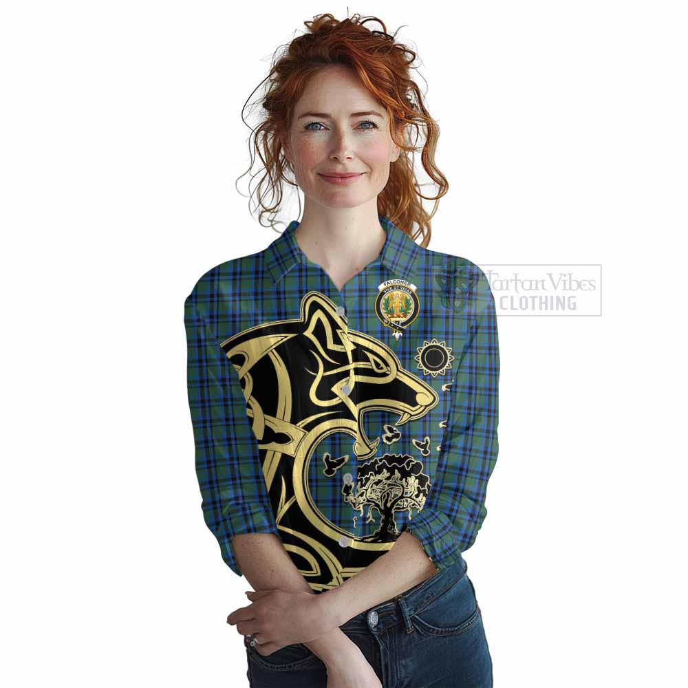 Tartan Vibes Clothing Falconer Tartan Women's Casual Shirt with Family Crest Celtic Wolf Style