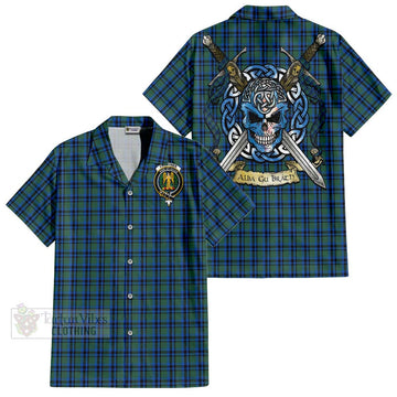 Falconer Tartan Short Sleeve Button Shirt with Family Crest Celtic Skull Style