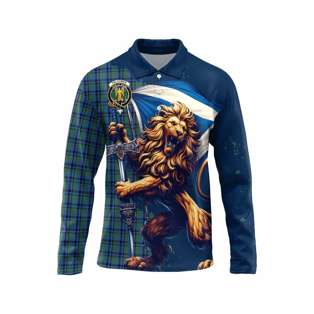 Tartan Vibes Clothing Falconer Tartan Family Crest Long Sleeve Polo Shirt with Scottish Majestic Lion