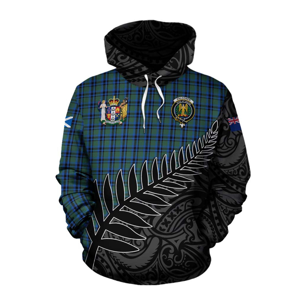 Tartan Vibes Clothing Falconer Crest Tartan Cotton Hoodie with New Zealand Silver Fern Half Style