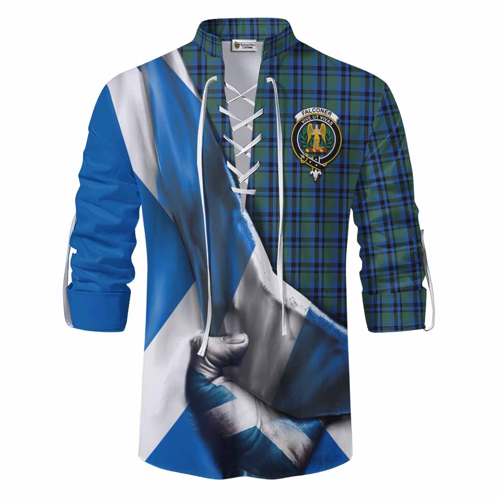 Tartan Vibes Clothing Falconer Tartan Ghillie Kilt Shirt with Family Crest Scotland Patriotic Style