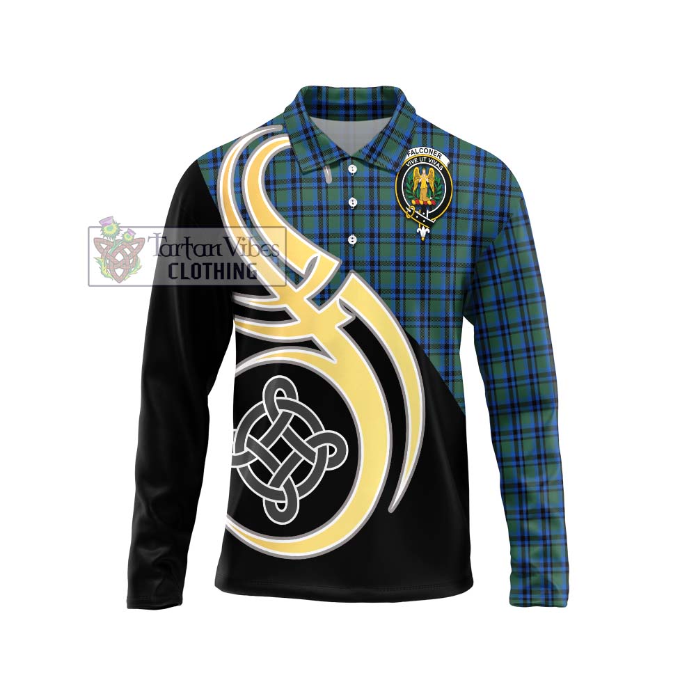 Falconer Tartan Long Sleeve Polo Shirt with Family Crest and Celtic Symbol Style Unisex - Tartan Vibes Clothing