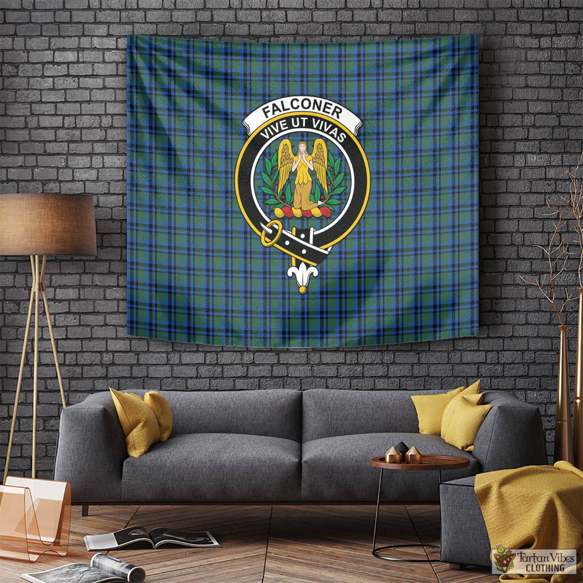 Tartan Vibes Clothing Falconer Tartan Tapestry Wall Hanging and Home Decor for Room with Family Crest