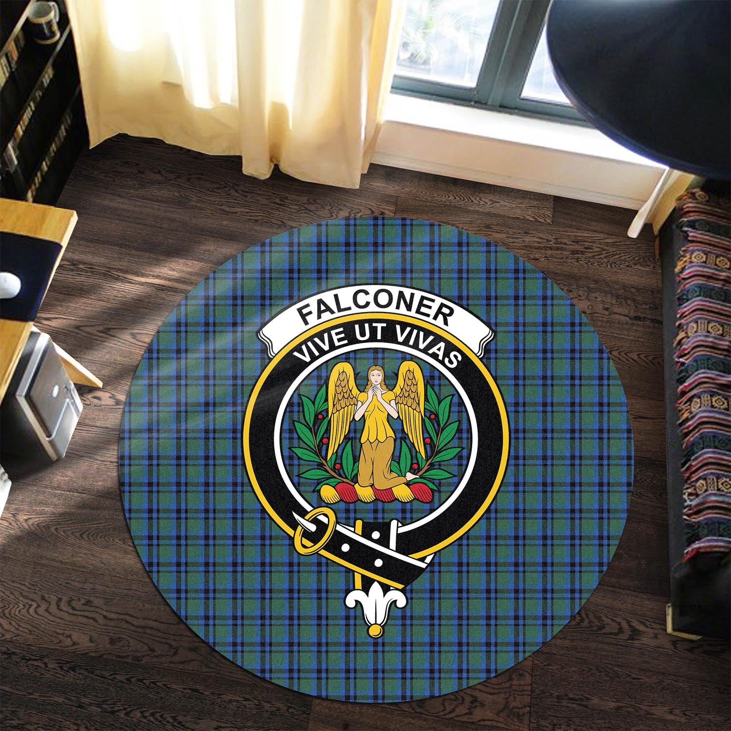 Falconer Tartan Round Rug with Family Crest - Tartanvibesclothing