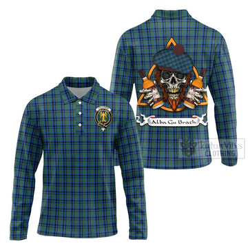 Falconer Tartan Long Sleeve Polo Shirt with Family Crest and Bearded Skull Holding Bottles of Whiskey