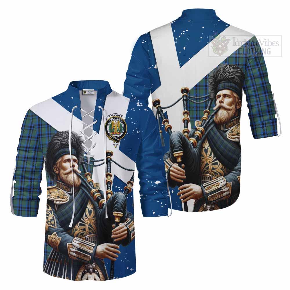 Tartan Vibes Clothing Falconer Tartan Ghillie Kilt Shirt with Family Crest Scottish Bagpiper Vibes