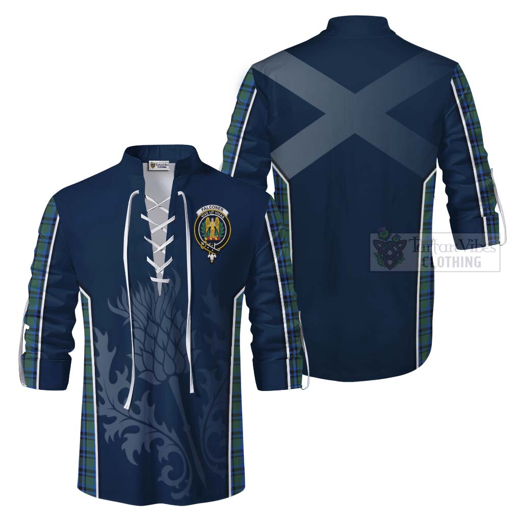 Tartan Vibes Clothing Falconer Tartan Ghillie Kilt Shirt with Family Crest and Scottish Thistle Vibes Sport Style