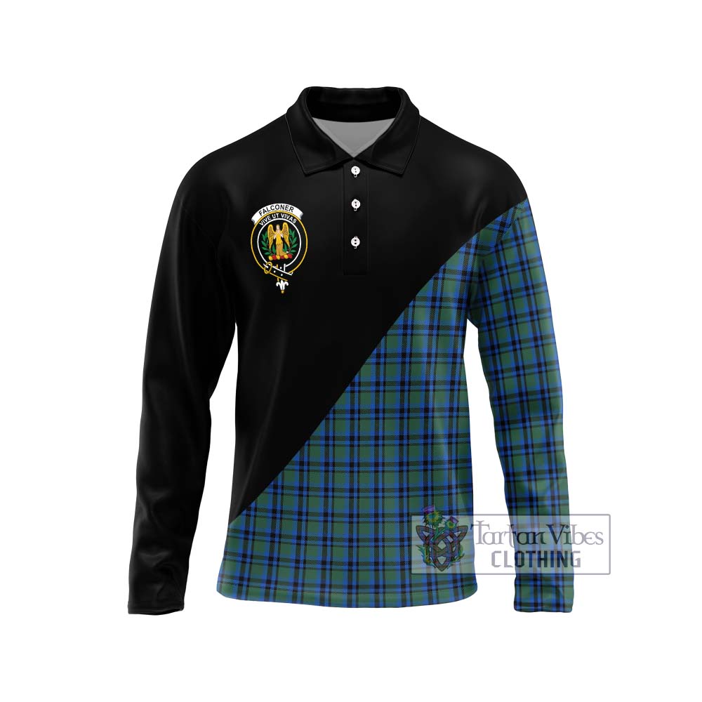 Falconer Tartan Long Sleeve Polo Shirt with Family Crest and Military Logo Style Unisex - Tartanvibesclothing Shop