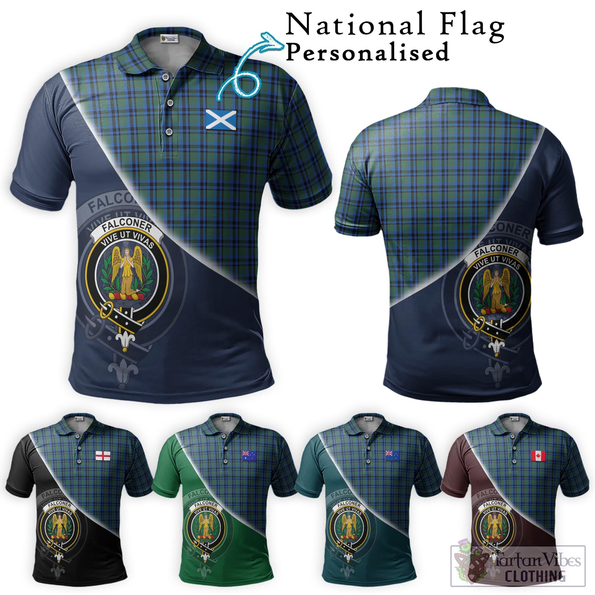 Tartan Vibes Clothing Falconer Tartan Polo Shirt with Personalised National Flag and Family Crest Half Style