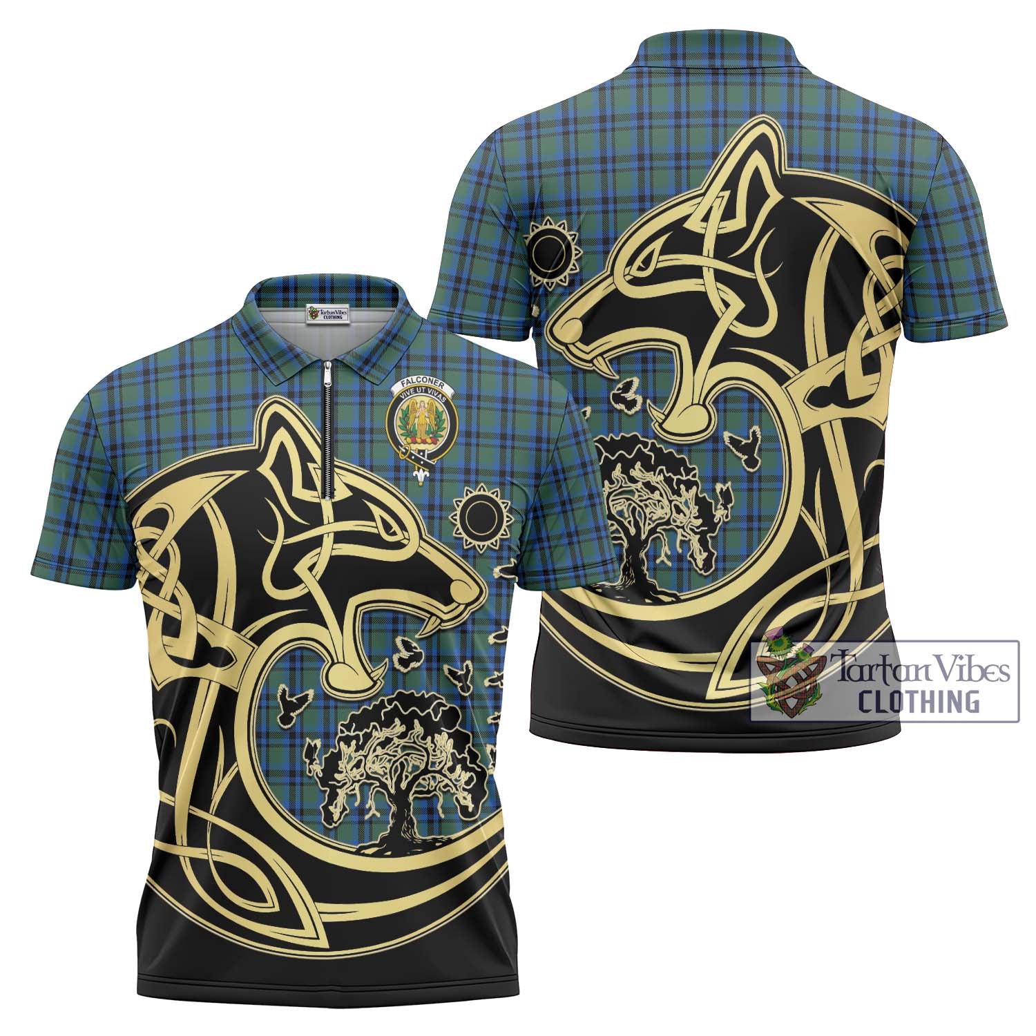 Tartan Vibes Clothing Falconer Tartan Zipper Polo Shirt with Family Crest Celtic Wolf Style