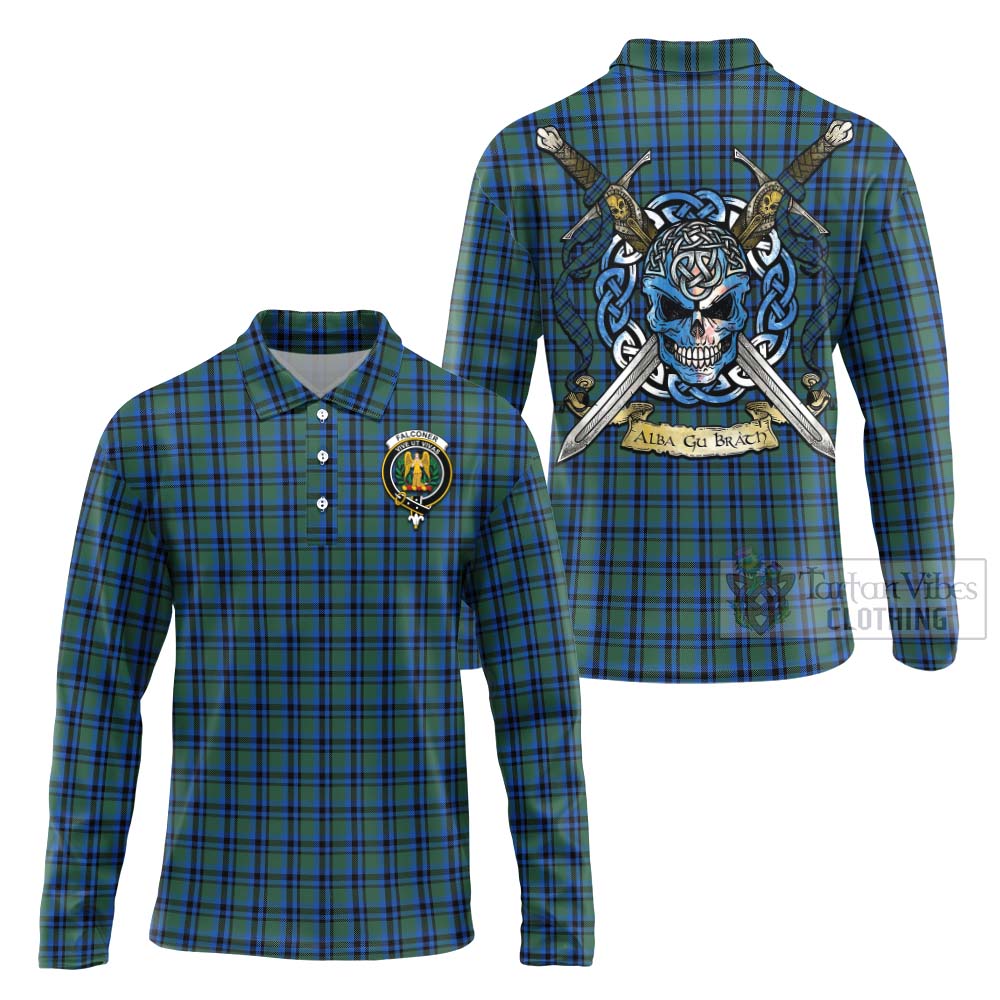 Tartan Vibes Clothing Falconer Tartan Long Sleeve Polo Shirt with Family Crest Celtic Skull Style