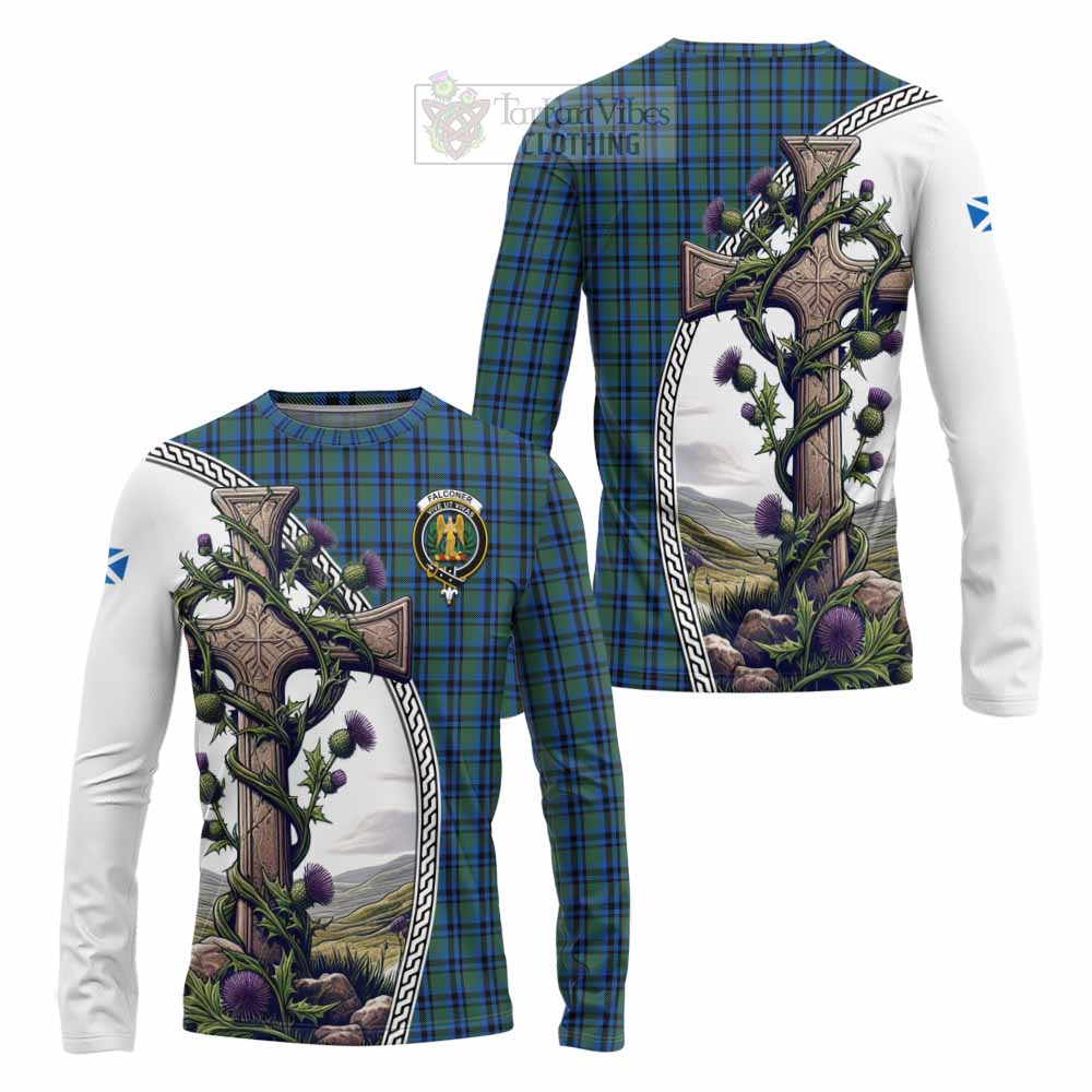 Tartan Vibes Clothing Falconer Tartan Long Sleeve T-Shirt with Family Crest and St. Andrew's Cross Accented by Thistle Vines