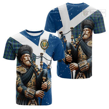 Falconer Tartan Cotton T-shirt with Family Crest Scottish Bagpiper Vibes